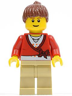 LEGO Minifigure-Sweater Cropped with Bow, Heart Necklace, Tan Legs, Reddish Brown Hair Female Ponytail, Brown Eyebrows, Thin Grin-Town / City-CTY179-Creative Brick Builders